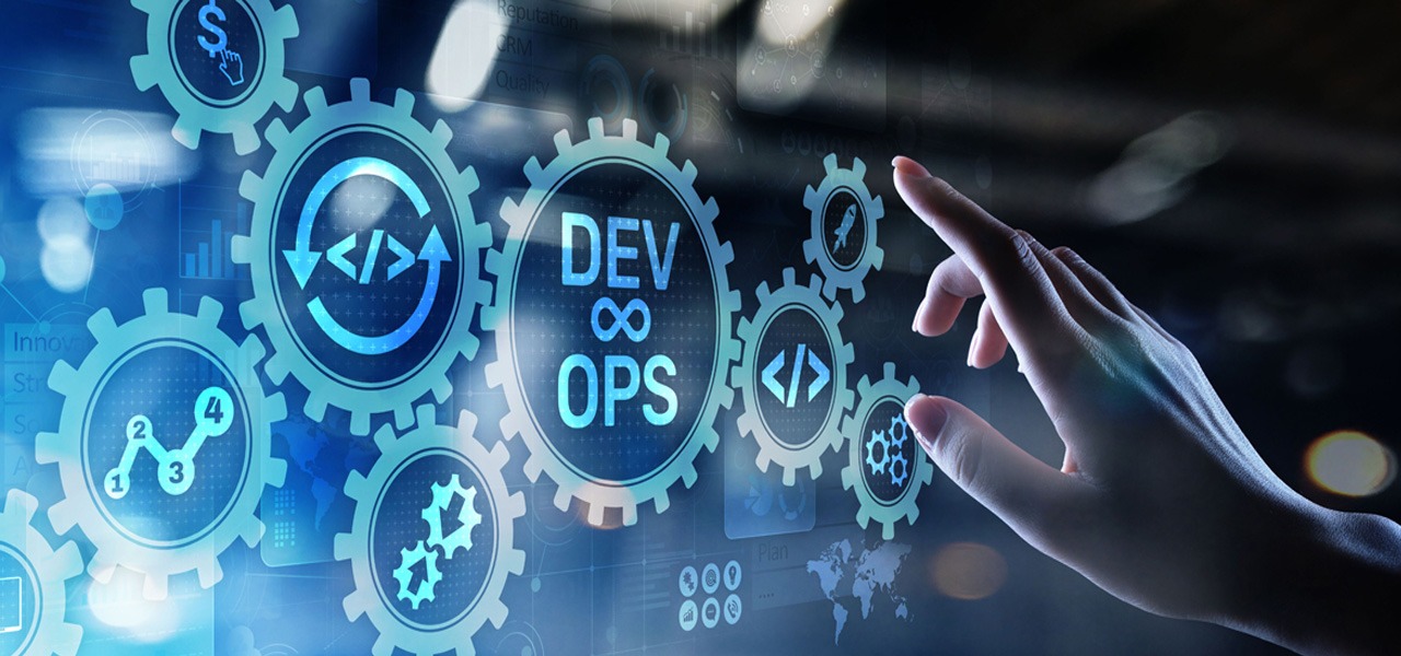 Banner representing DevOps services with gear icons and a hand touch.