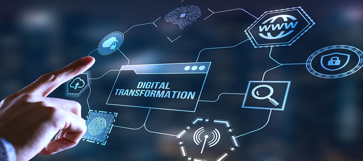 Banner Infographic showcasing the process and icon of digital transformation service.